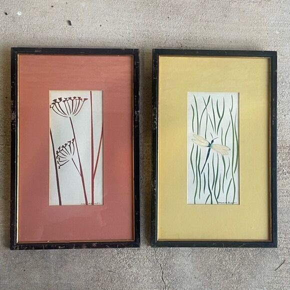 Vintage Artist Signed Watercolor Dragonfly Dandelion Flower Matted Framed Art - Picture 5 of 16